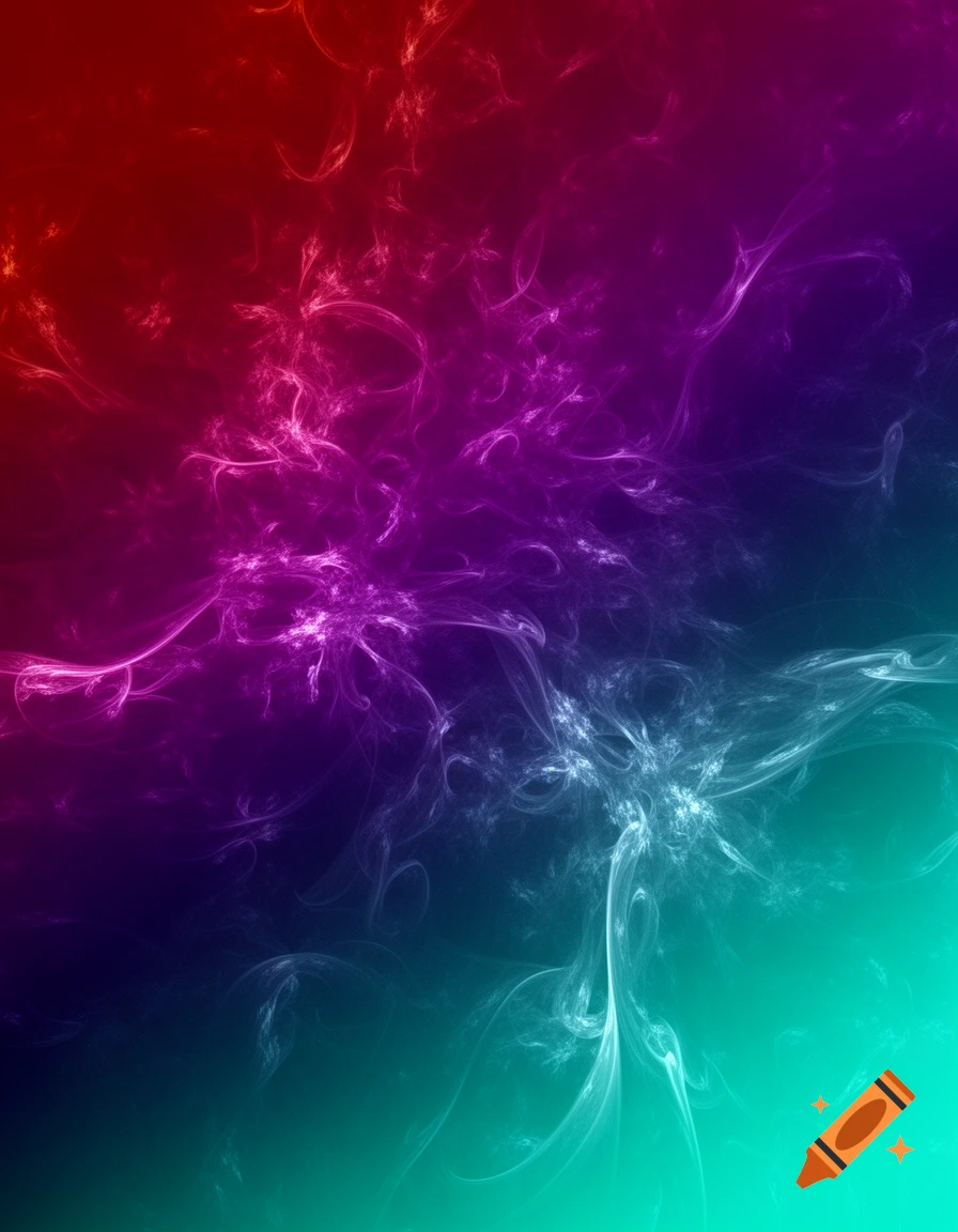 Abstract background with a smooth color gradient from red, purple, dark blue, to turquoise, featuring wispy, fractal patterns.