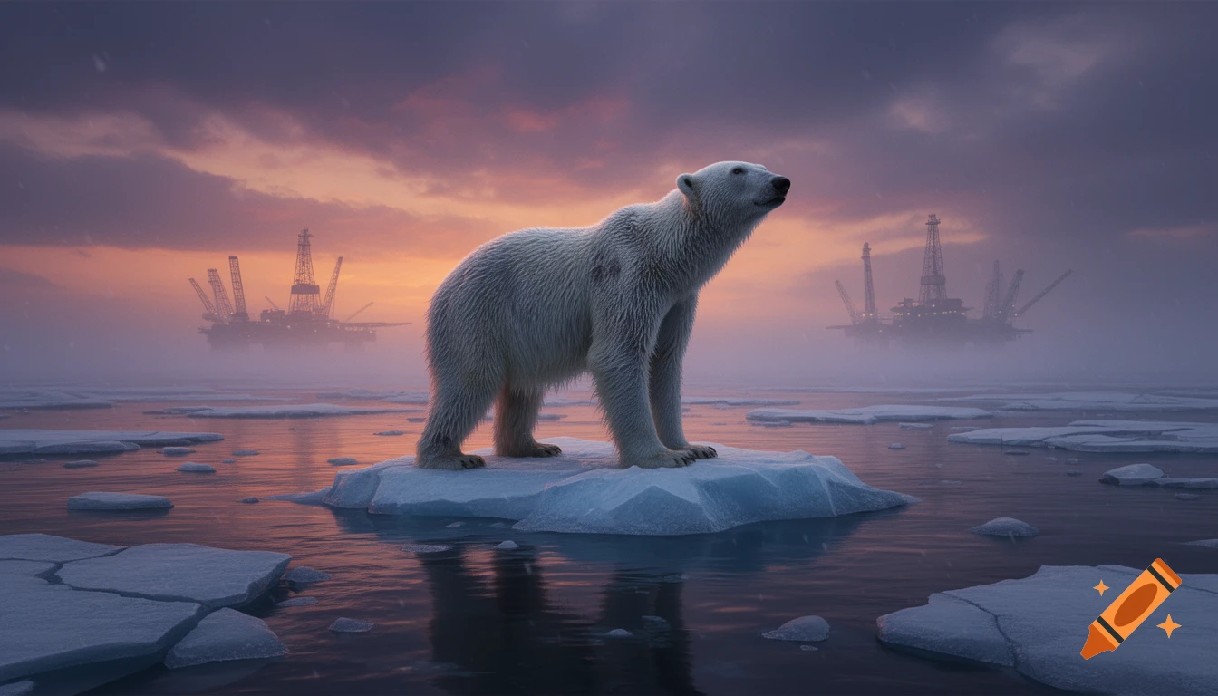 A hyperrealistic image of an emaciated polar bear standing on a melting ice floe in a dark ocean at twilight, with oil rigs visible in the hazy background.