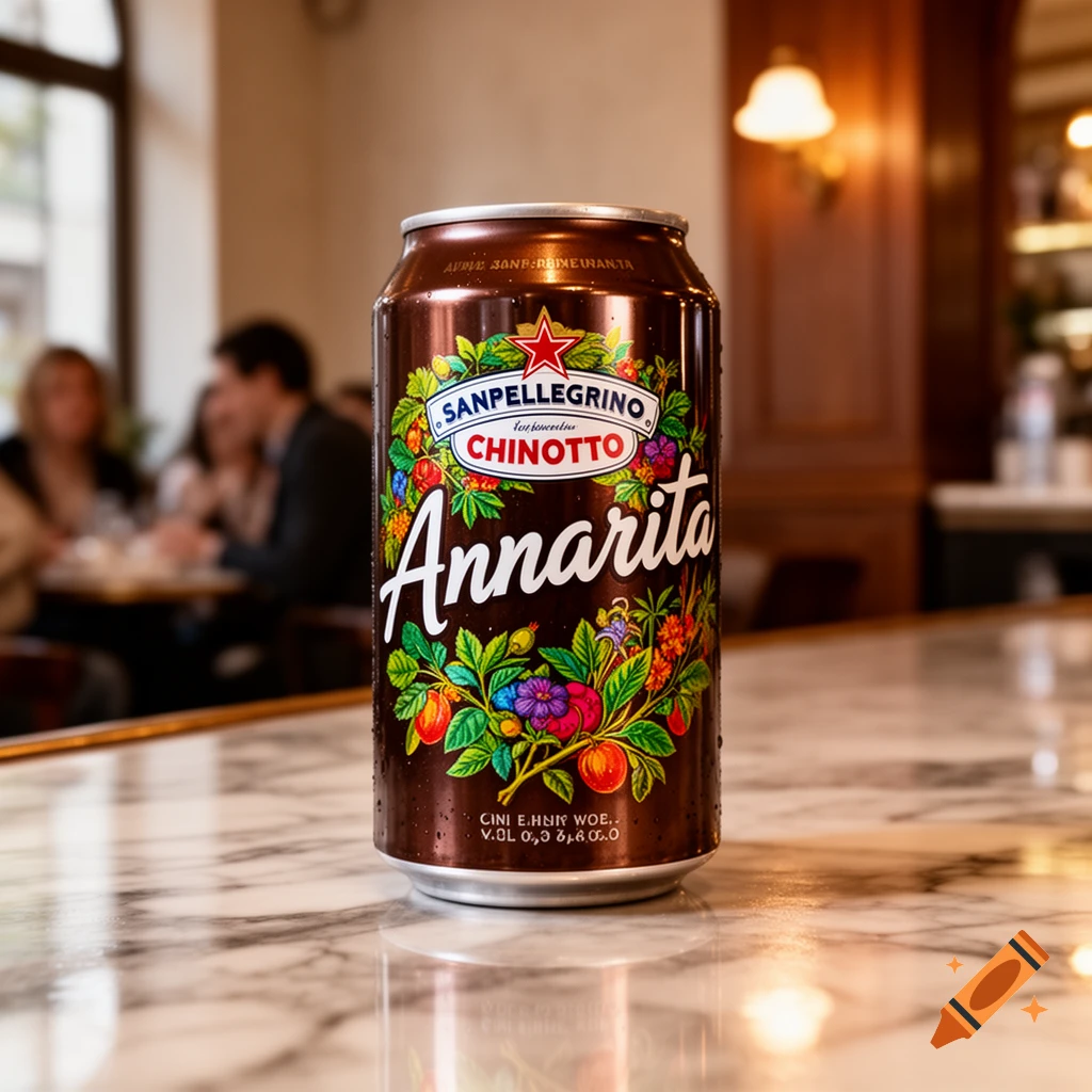 A photorealistic brown Sanpellegrino Chinotto can with 'Annarita' on its colorful floral label, condensation visible, sitting on a marble bar.