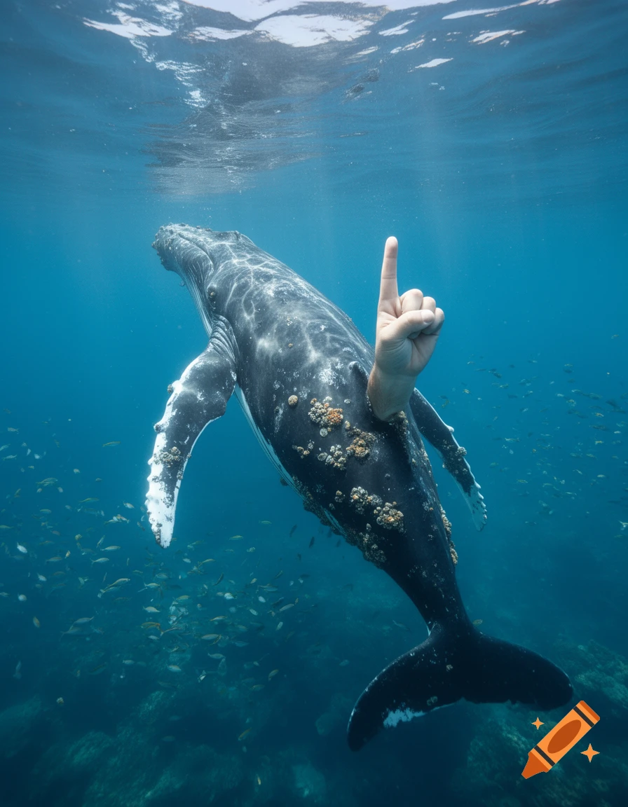 A humpback whale swims underwater with a human hand protruding from its side, giving the middle finger.