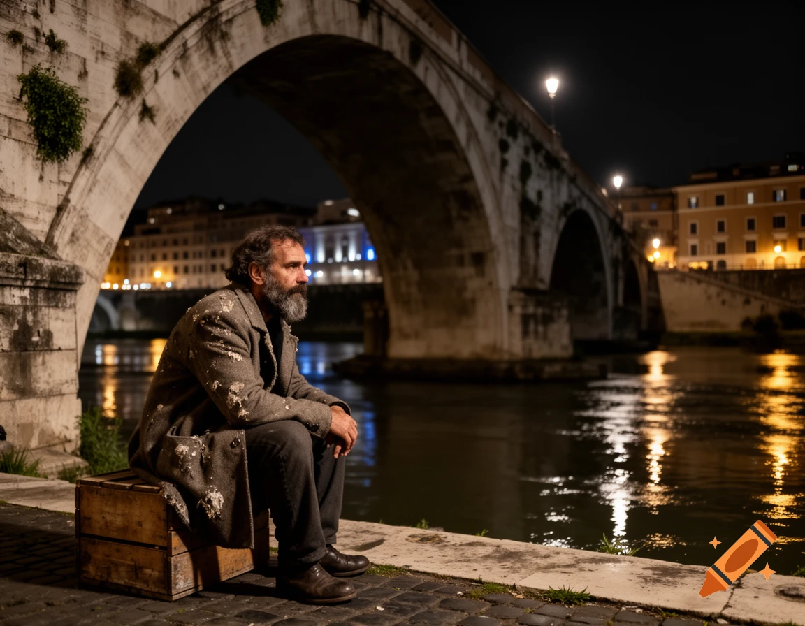 A man with a beard sits on a wooden crate under a stone bridge by a river at night, with city lights reflecting on the water.