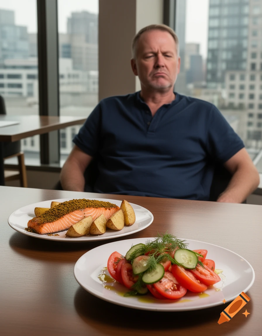 A displeased man in a blue shirt looks away from plates of salmon and potato wedges and a tomato-cucumber salad on a table with a city view.