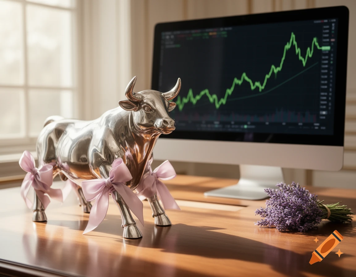 A shiny silver bull statue adorned with pink bows sits on a desk next to a monitor displaying an upward-trending stock chart and a bunch of lavender.