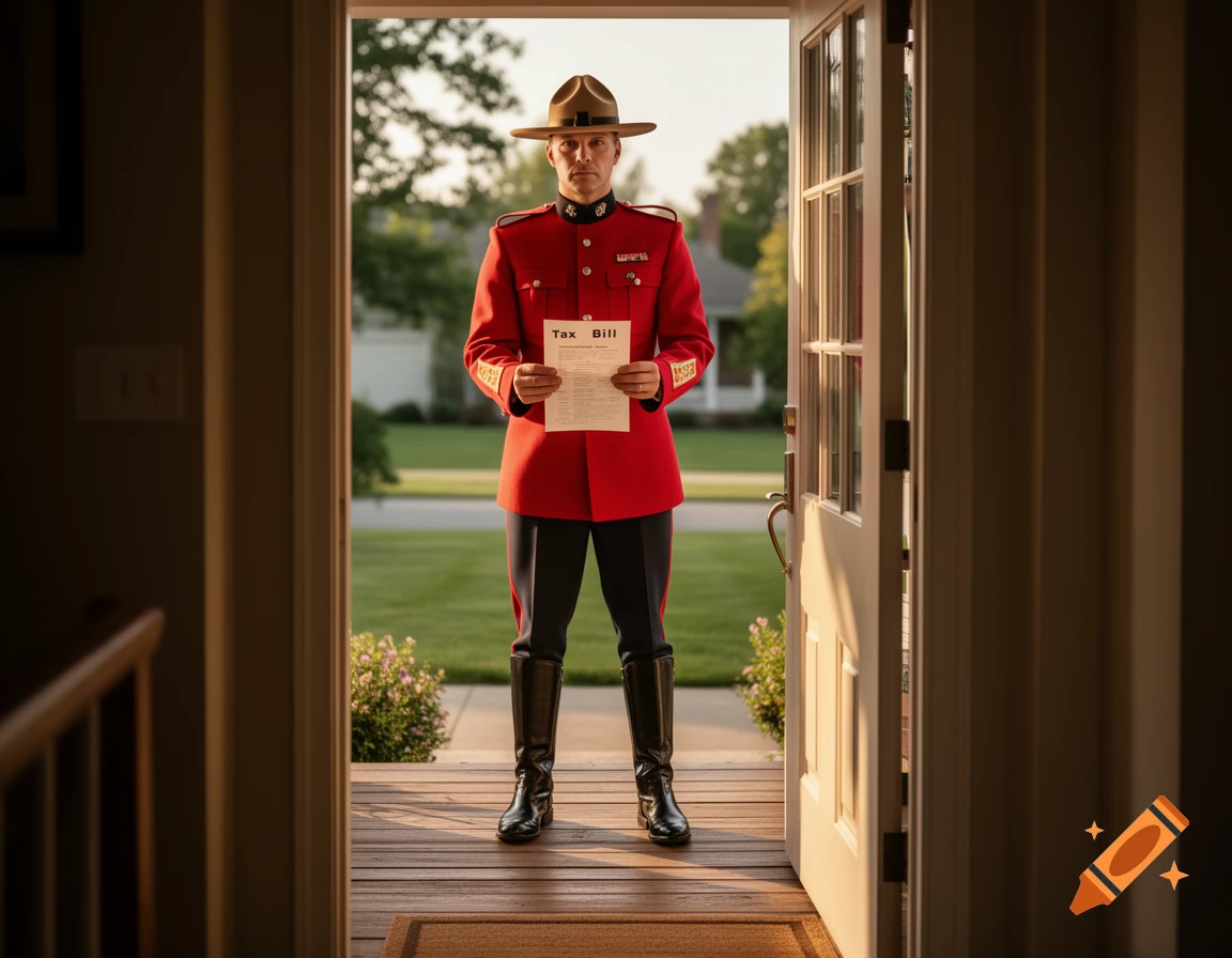 A Canadian Mountie in full red uniform and Stetson hat stands at a doorway, holding a "Tax Bill" document, viewed from inside a house looking out.