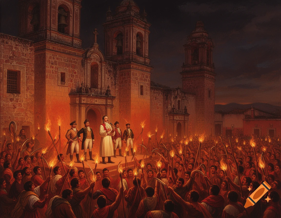Painting of Miguel Hidalgo y Costilla speaking to a torchlit crowd outside a large church at night, with other figures beside him.