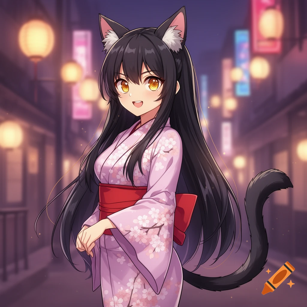 Anime catgirl with black hair, golden eyes, cat ears, and a tail, wearing a pink kimono with cherry blossoms, standing on a lantern-lit street at night.