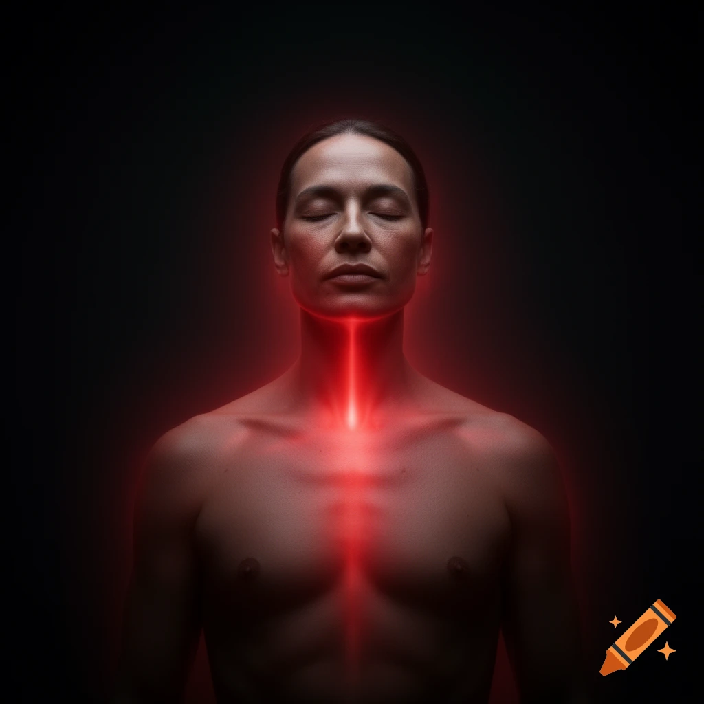 A person with closed eyes and a calm expression, glowing with red energy from their throat and chest against a dark background, in a spiritual, photorealistic style.