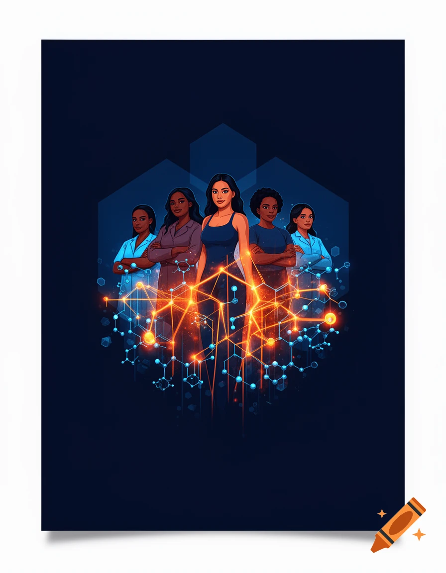A stylized illustration of five diverse women standing confidently in front of glowing molecular structures on a dark blue background.