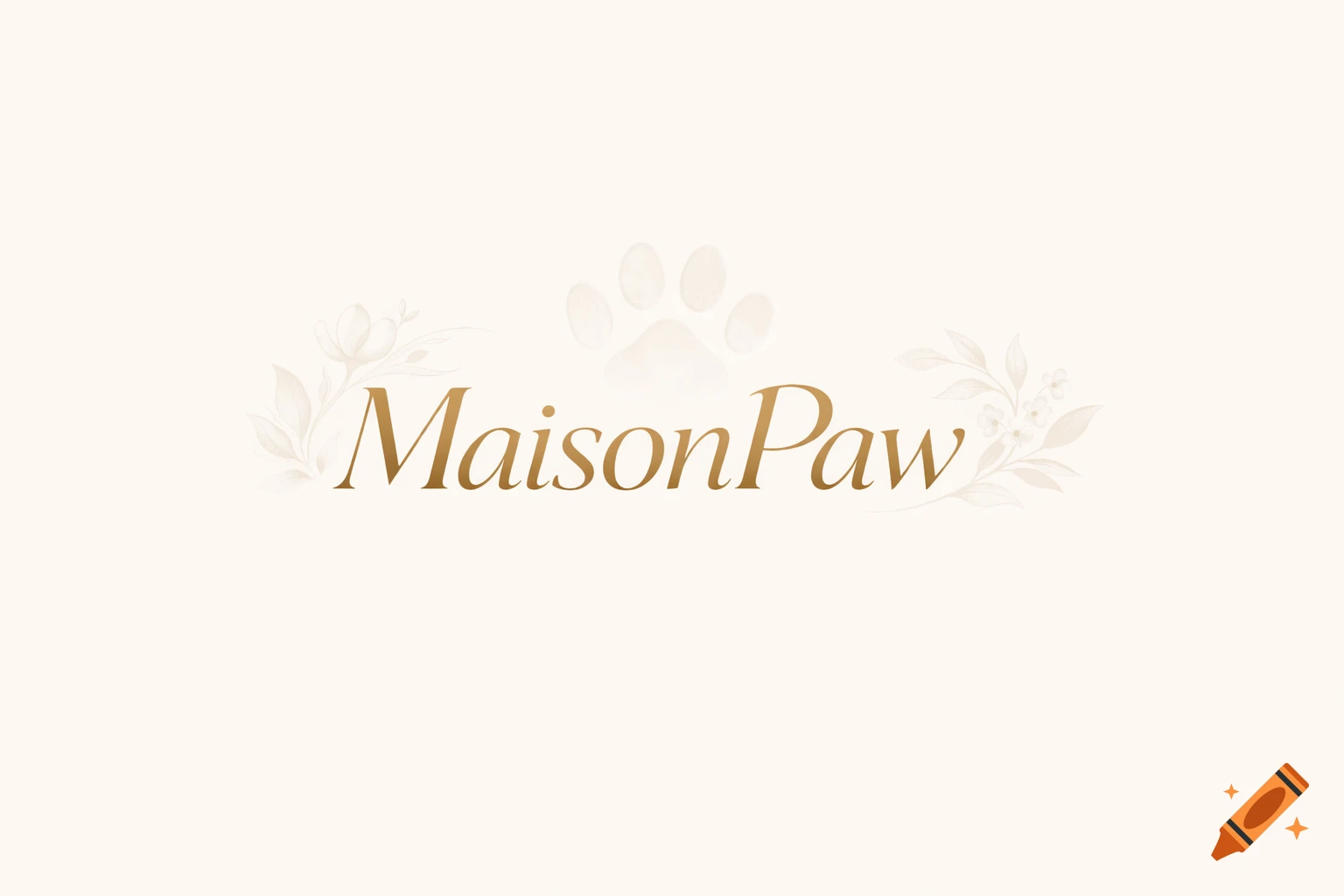 Logo for MaisonPaw in gold script font with subtle floral elements and a faint paw print.