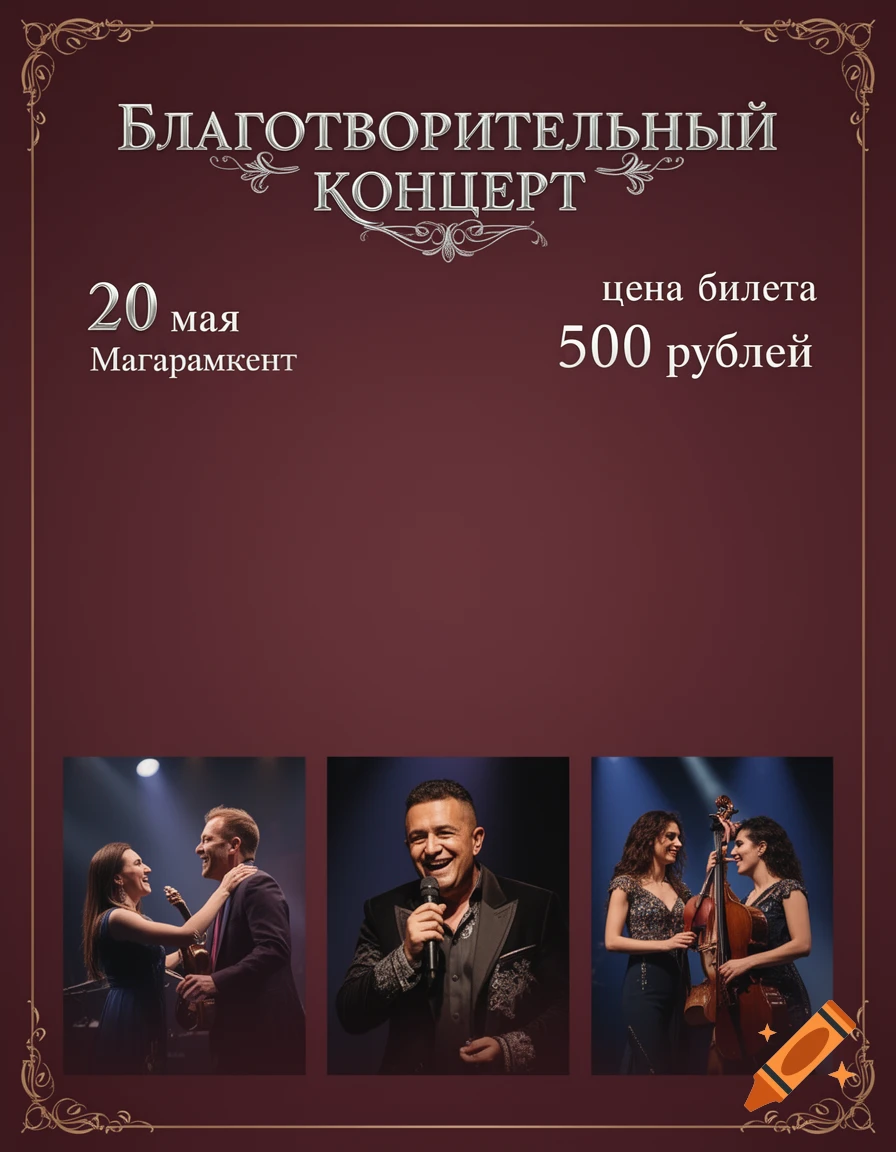 A red-brown concert poster for a charity event. Russian text announces date, location, and ticket price, with three photos of musicians.