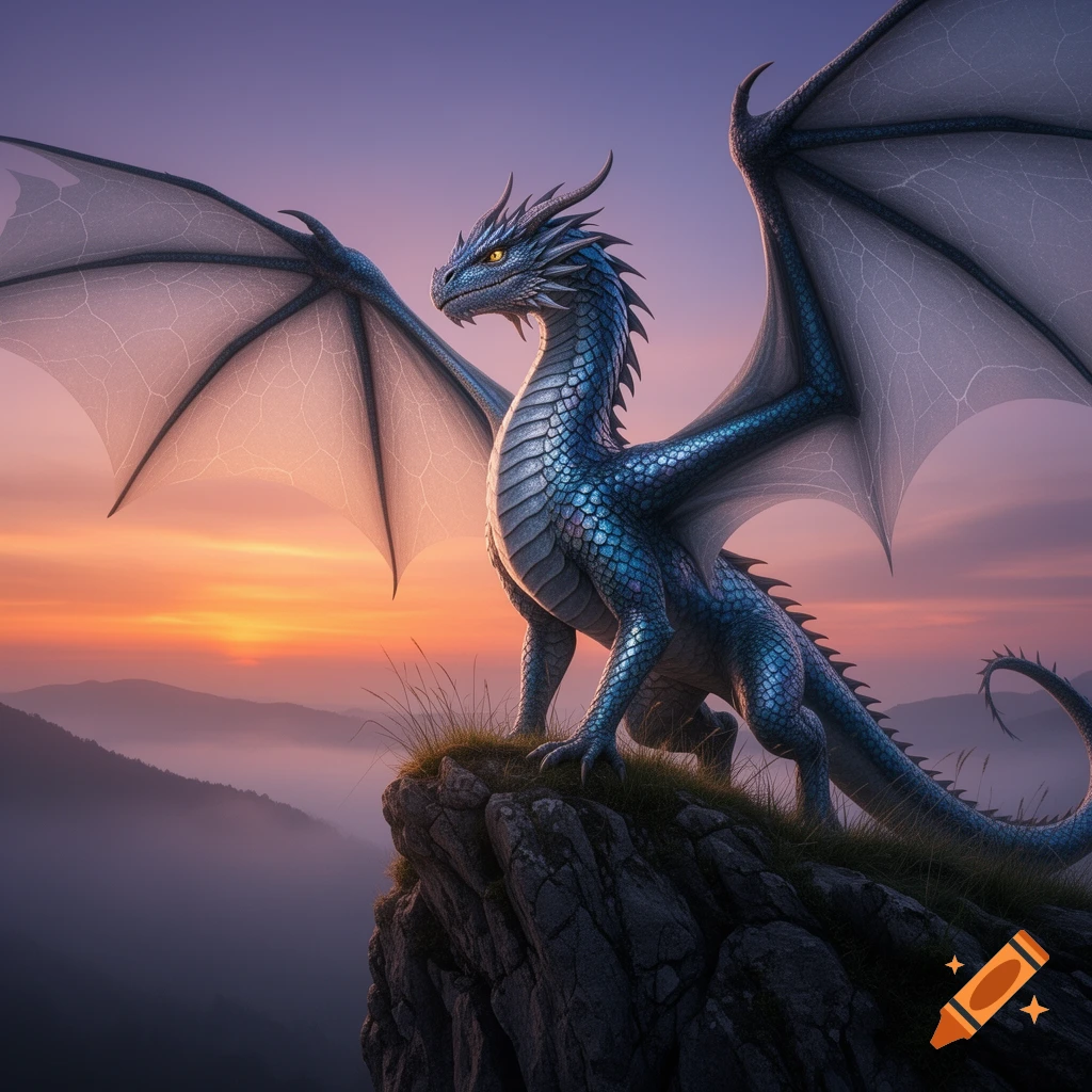 A majestic blue dragon with large wings stands atop a rocky mountain ...