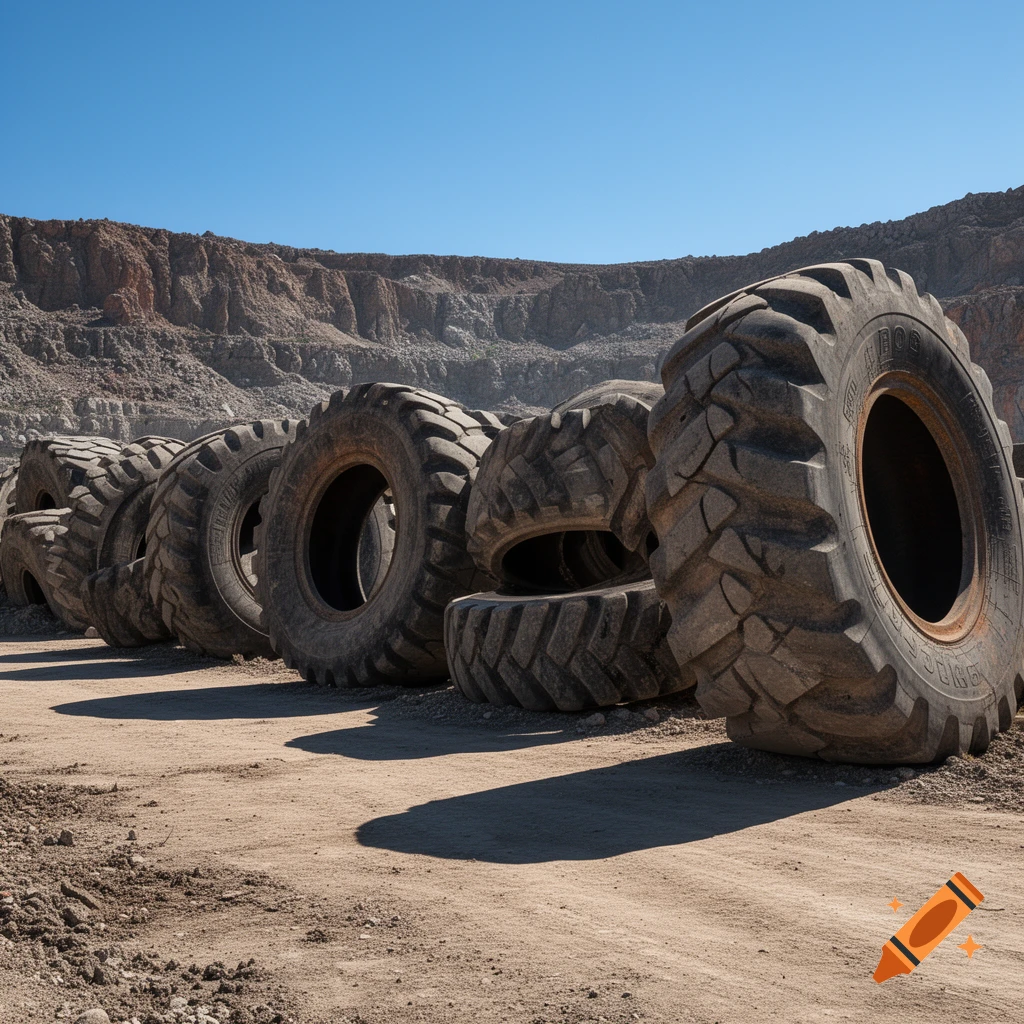 A row of huge off-road tires on dirt ground with a rocky quarry in the background under a clear blue sky.
