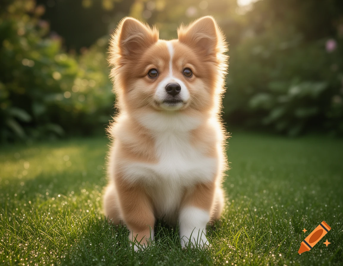 A cute, fluffy, light brown and white puppy sits on green grass with sunlight glowing around its fur.