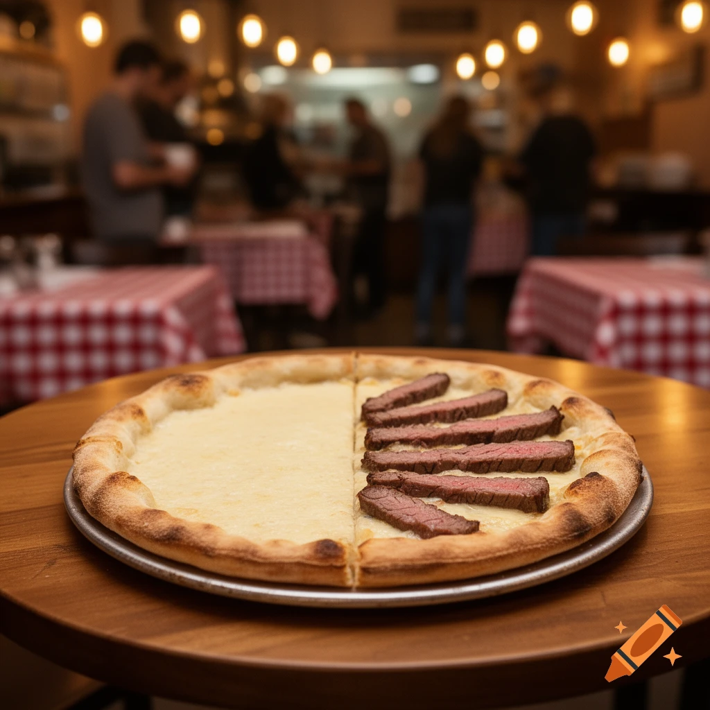 A photorealistic pizza on a wooden table, half plain cheese and half topped with sliced beef, in a blurred restaurant setting.