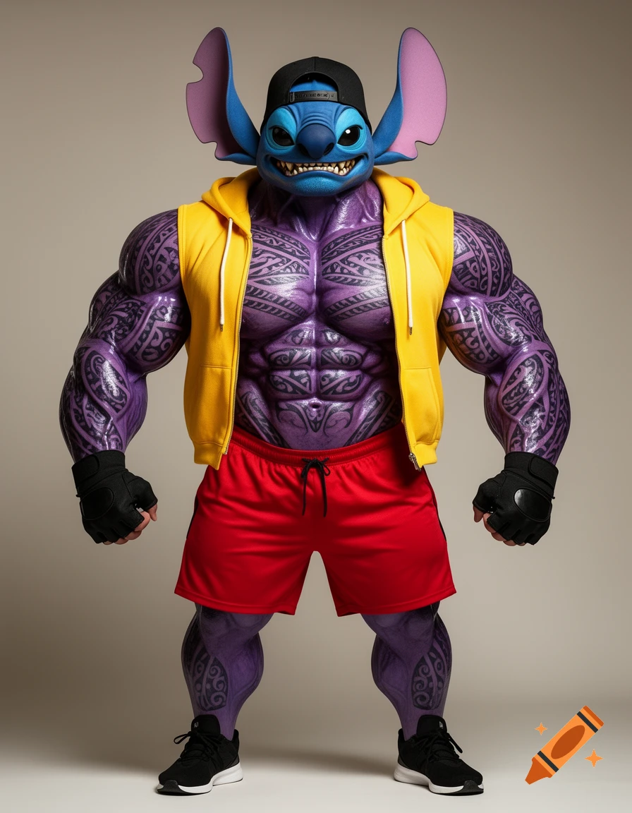A muscular, purple-skinned Stitch with black Polynesian tattoos, wearing a yellow open hoodie, red shorts, a black cap, and black gloves, posing.