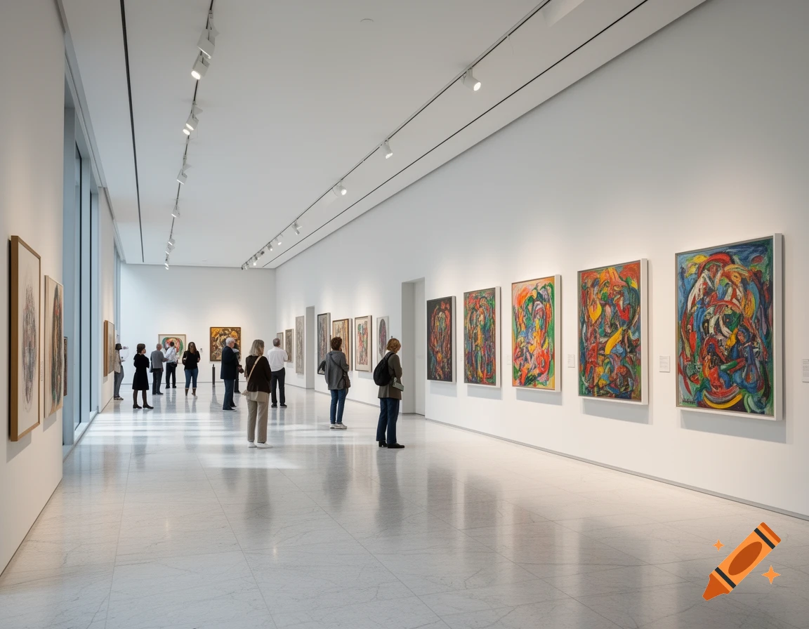 People walk through a bright, modern art museum gallery, admiring colorful abstract paintings on white walls.