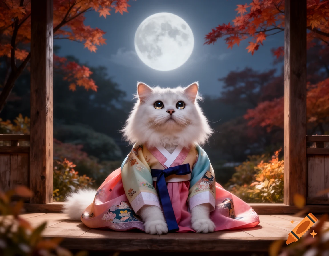 A fluffy white cat wearing a pink hanbok sits on a wooden porch under a full moon with autumn leaves.