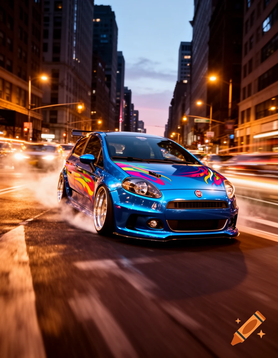 A blue customized Fiat Punto sports car with colorful decals drifts on a city street at dusk, surrounded by motion blur and bright streetlights.