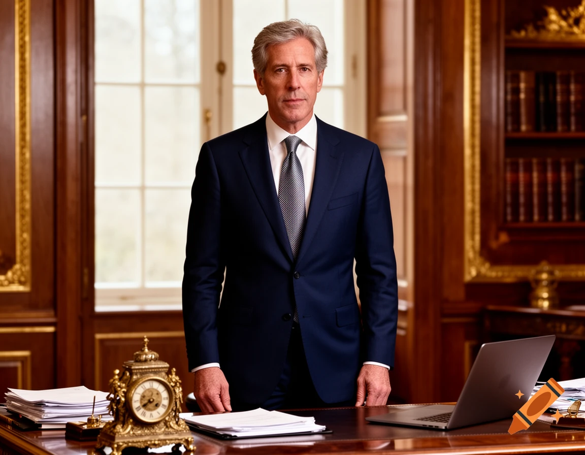 A serious man in a dark suit stands behind a desk with a clock, laptop, and papers in a richly paneled office.