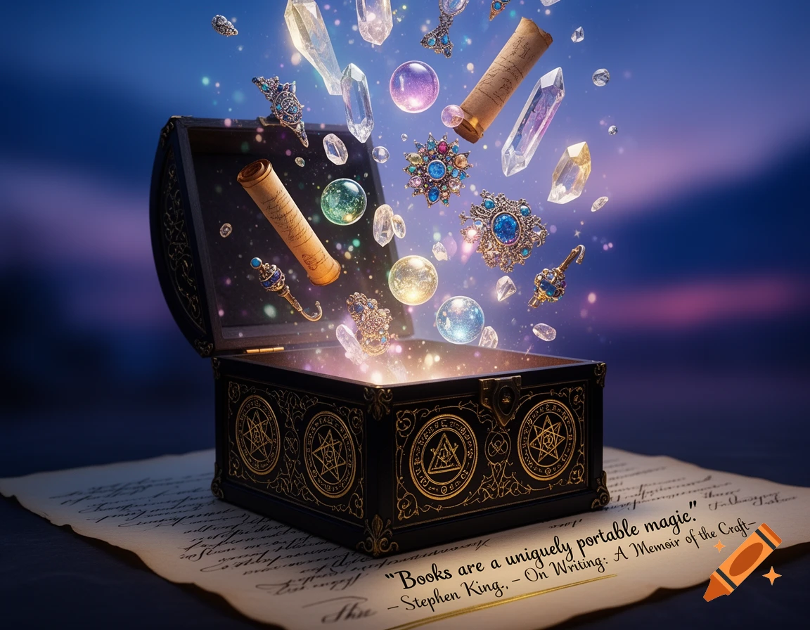 An open black chest with golden insignias, glowing with magic as crystals, orbs, and scrolls float out. Text about books is on parchment below.