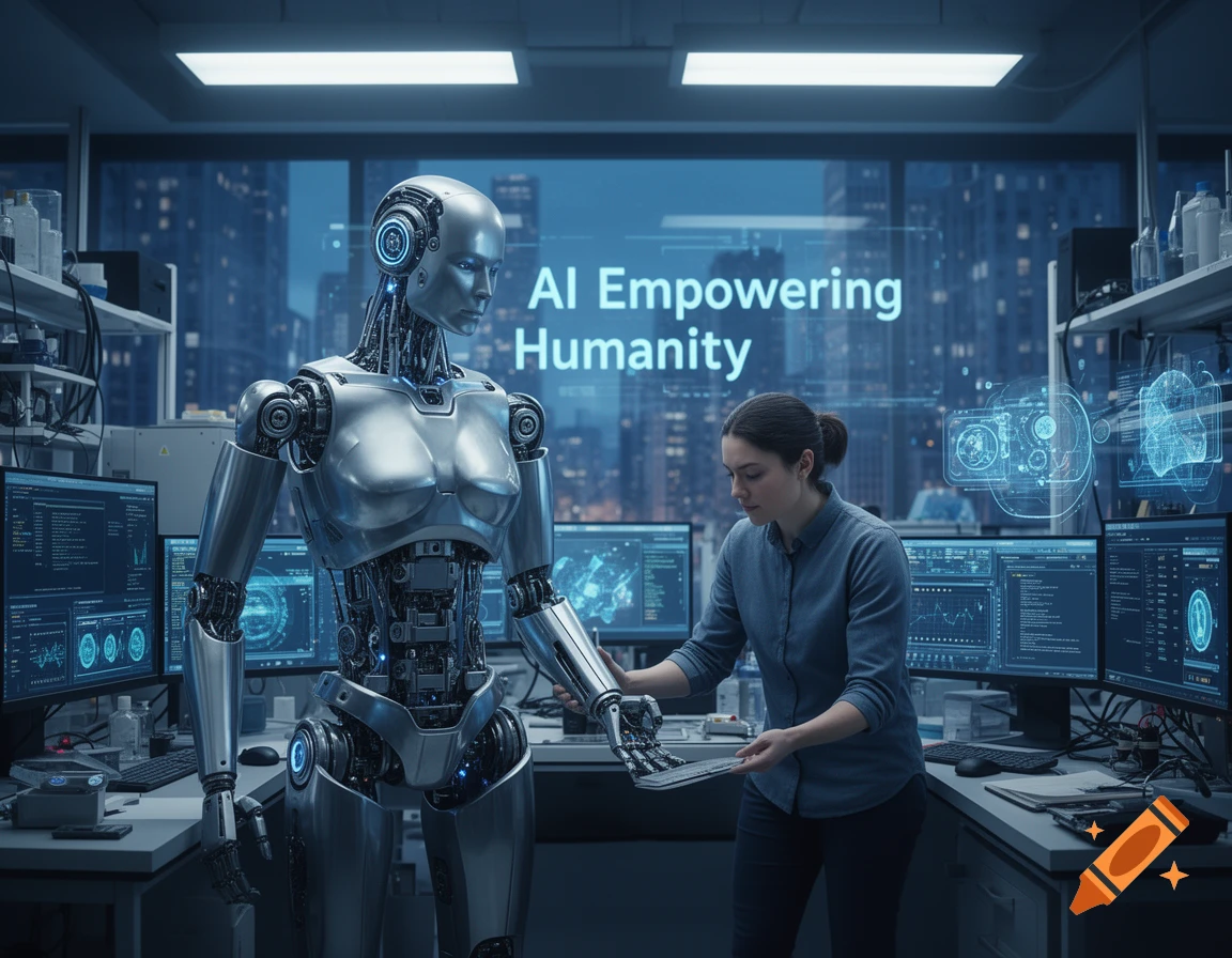A scientist works on a humanoid robot in a high-tech lab with a cityscape view and 'AI Empowering Humanity' on a screen, photorealistic style.