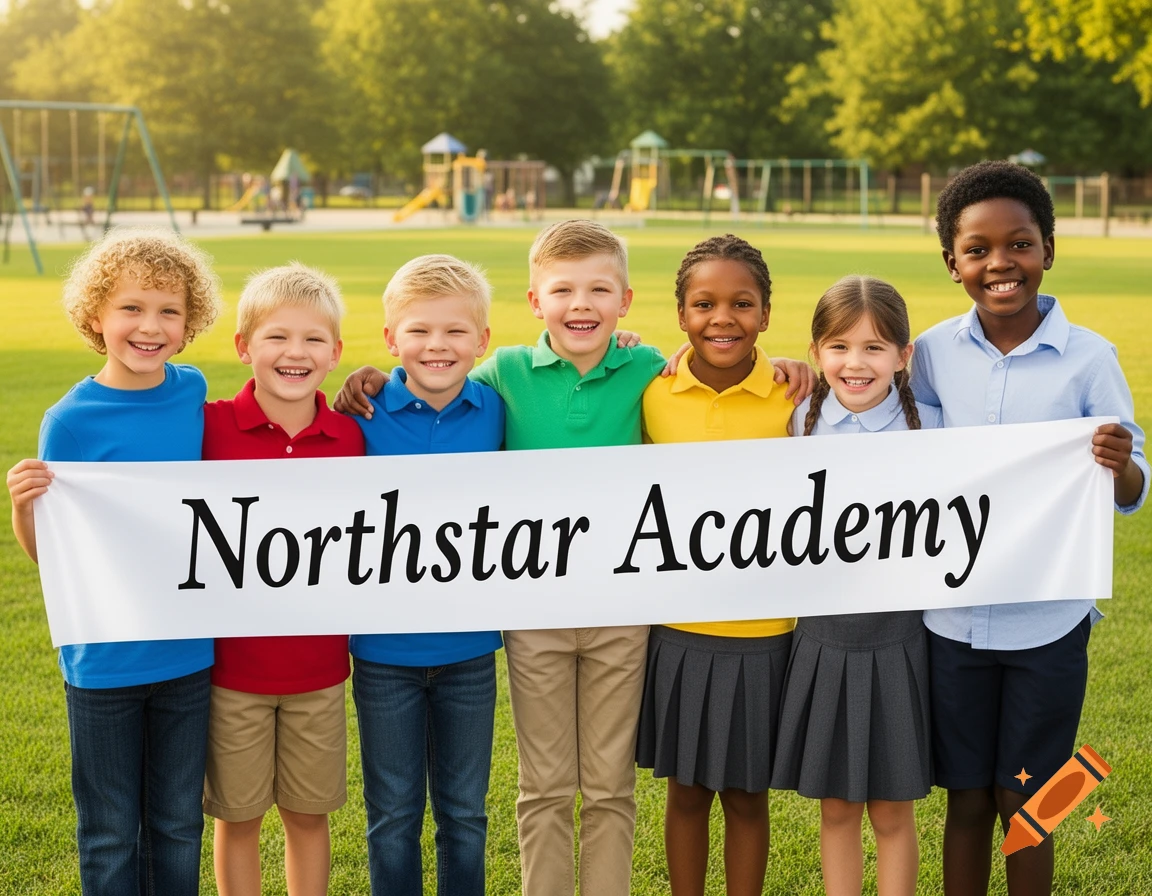 Seven diverse children smile, holding a banner with "Northstar Academy" written on it, in a sunny park.