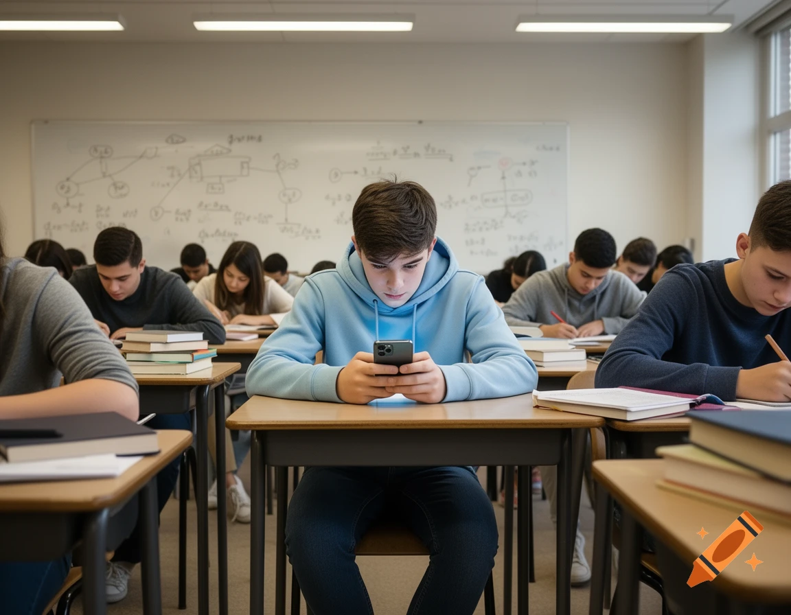 A student in a light blue hoodie looks at his phone in a classroom while other students study at their desks. A whiteboard with diagrams is in the background.