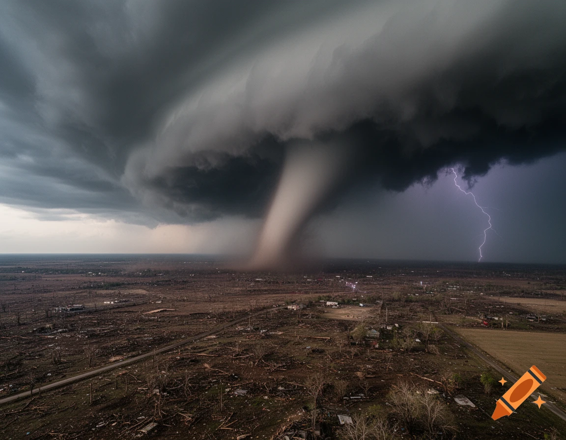 Photorealistic image of a powerful tornado descending from dark storm clouds over a damaged landscape, with a lightning bolt.