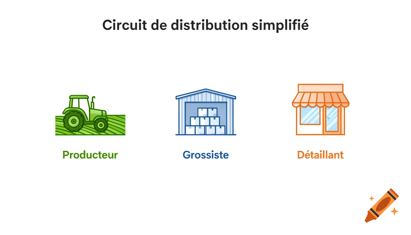 Diagram showing a simplified distribution circuit with icons for producer (tractor), wholesaler (warehouse), and retailer (store).