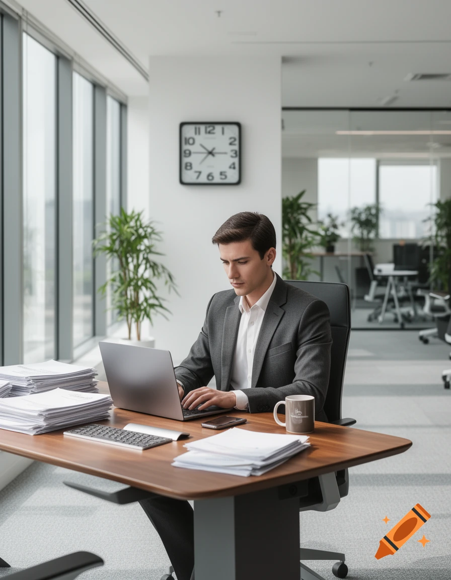 A man in a suit works on a laptop at a desk in a modern office with large windows.