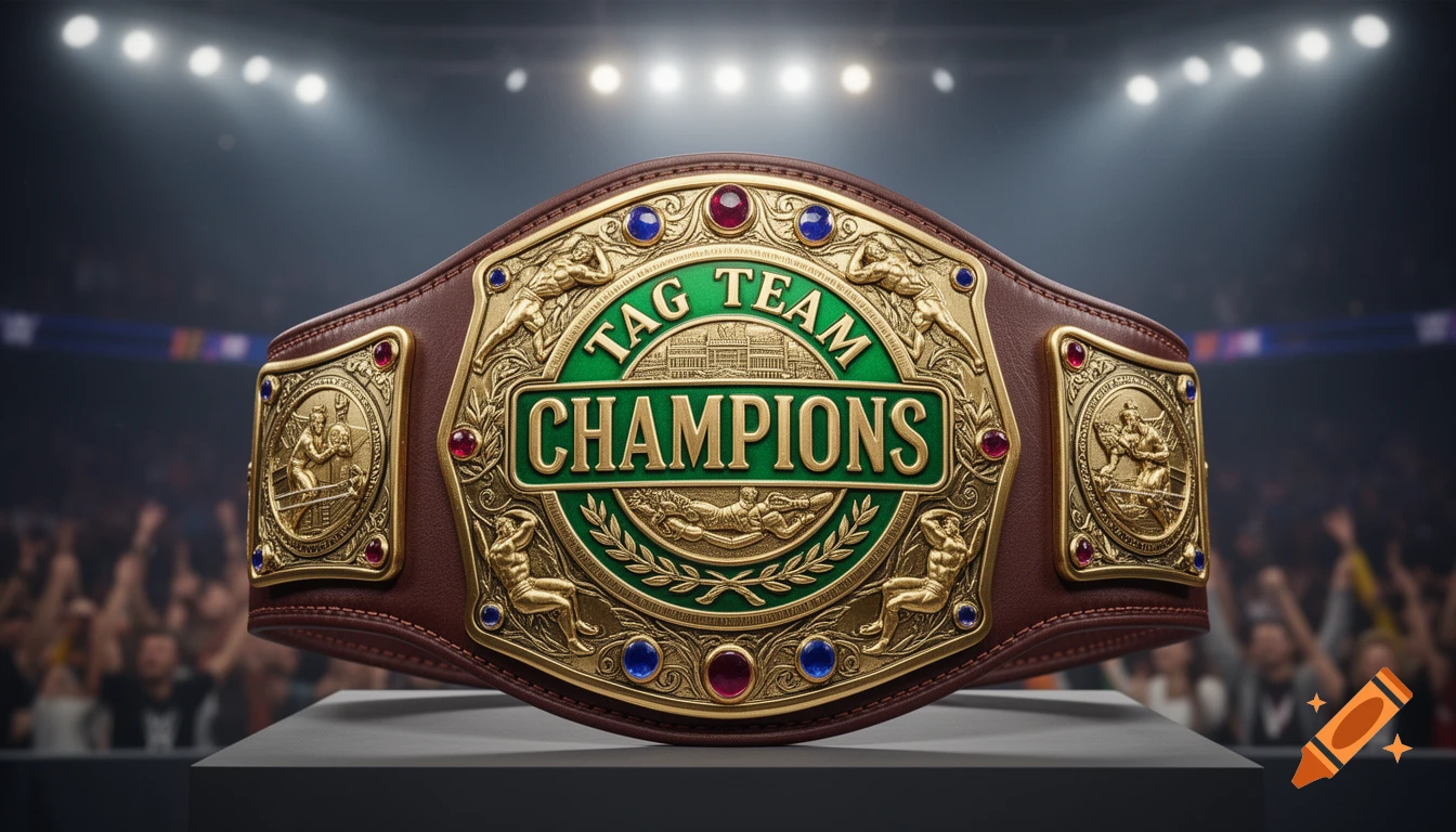 A detailed, ornate gold and green championship wrestling belt with "TAG TEAM CHAMPIONS" text, displayed on a pedestal in a stadium.