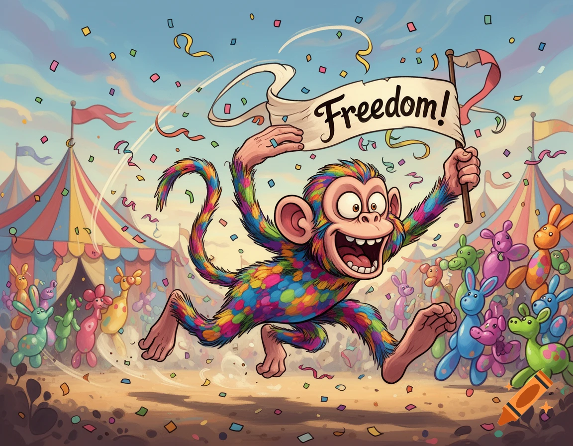 A vibrant, multi-colored cartoon monkey runs through a festive circus holding a 'Freedom!' banner, surrounded by balloon animals and confetti.