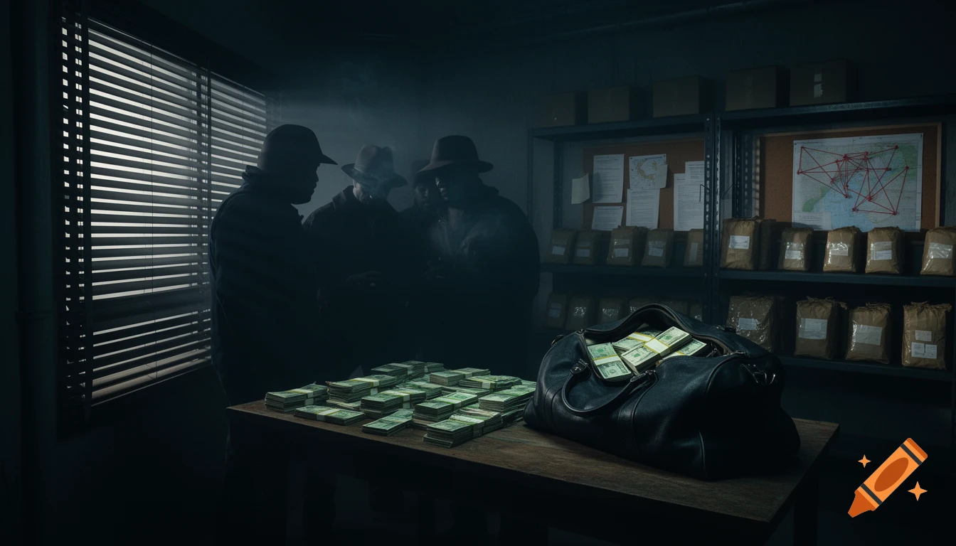A dimly lit room where shadowy figures, possibly criminals, stand around a table with stacks of cash and a duffel bag full of money. Shelves with packages and a map are in the background, conveying a sense of illicit activity in a photorealistic style.