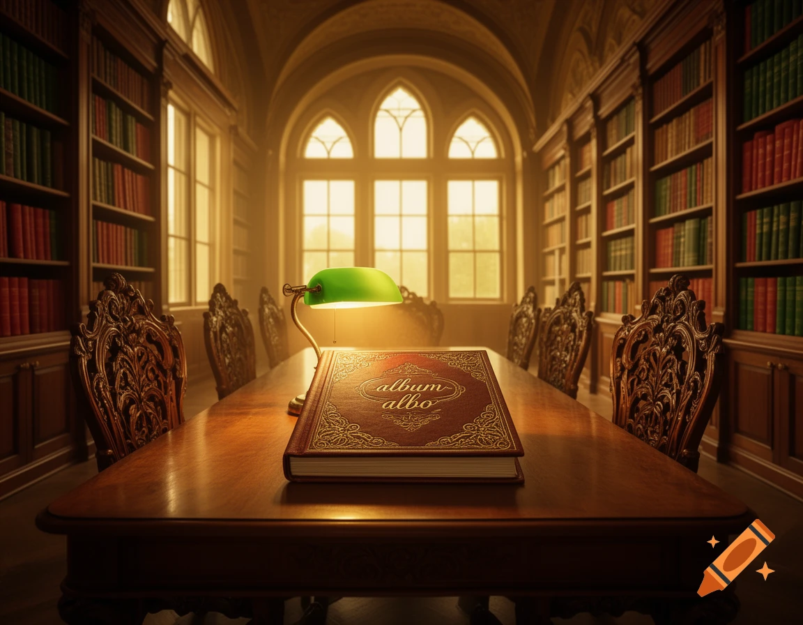 A grand library study room with a wooden table, ornate chairs, and a book titled 'album albo' lit by a green lamp.