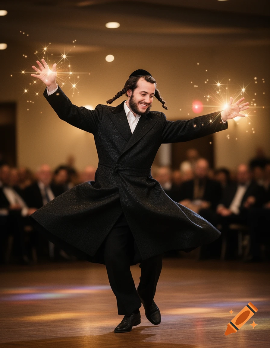 A happy Orthodox Jewish man in traditional attire dances with arms outstretched, starburst lights emanating from his hands, in a hall.