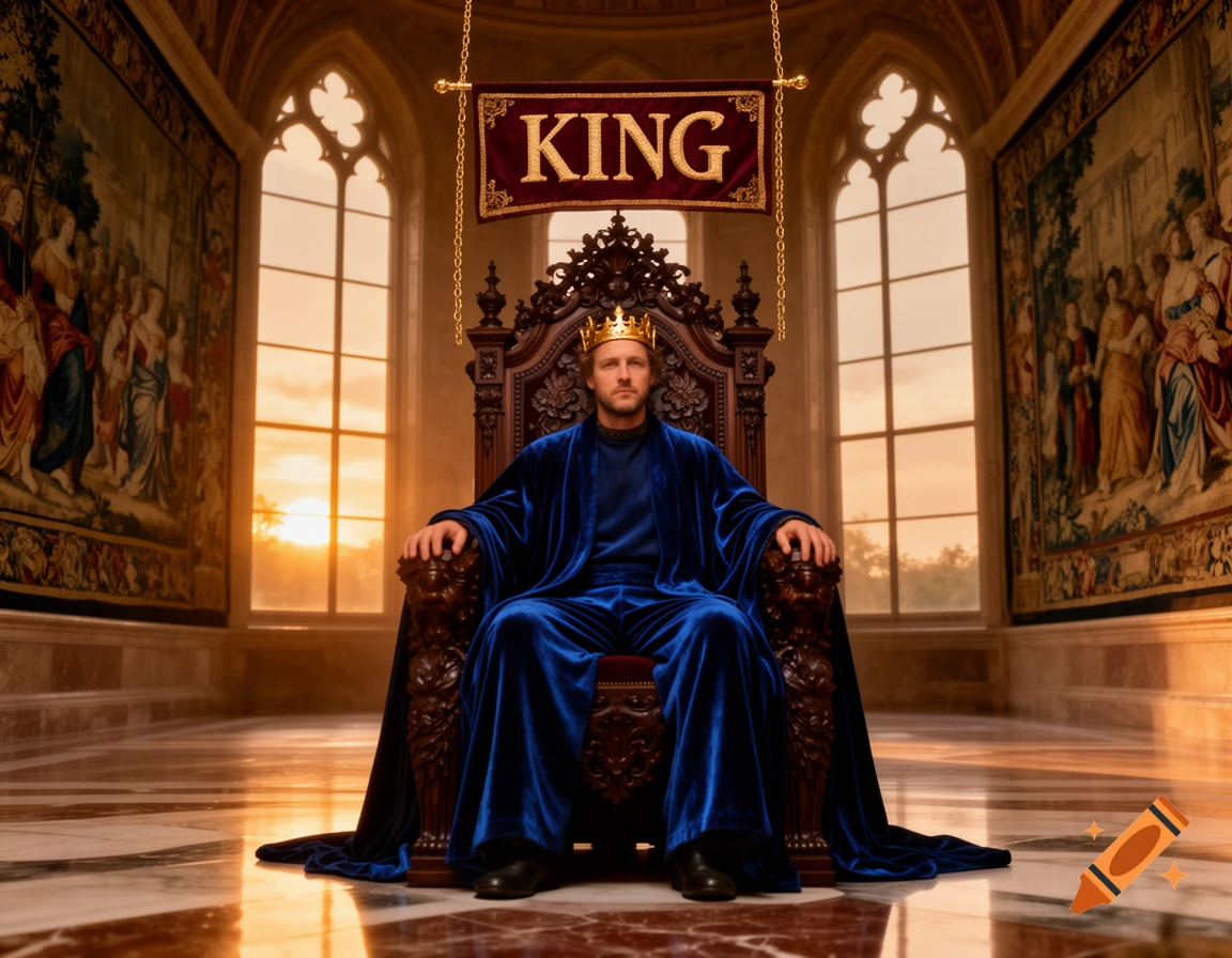 A man in blue velvet robes and a crown sits on an ornate throne under a 'KING' banner in a grand hall, photorealistic.