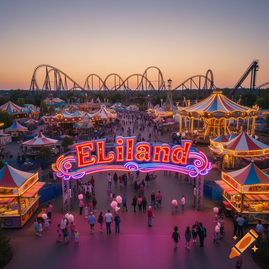 Aerial view of a vibrant amusement park at sunset, with a large neon 'ELIland' sign over a bustling crowd near colorful rides.