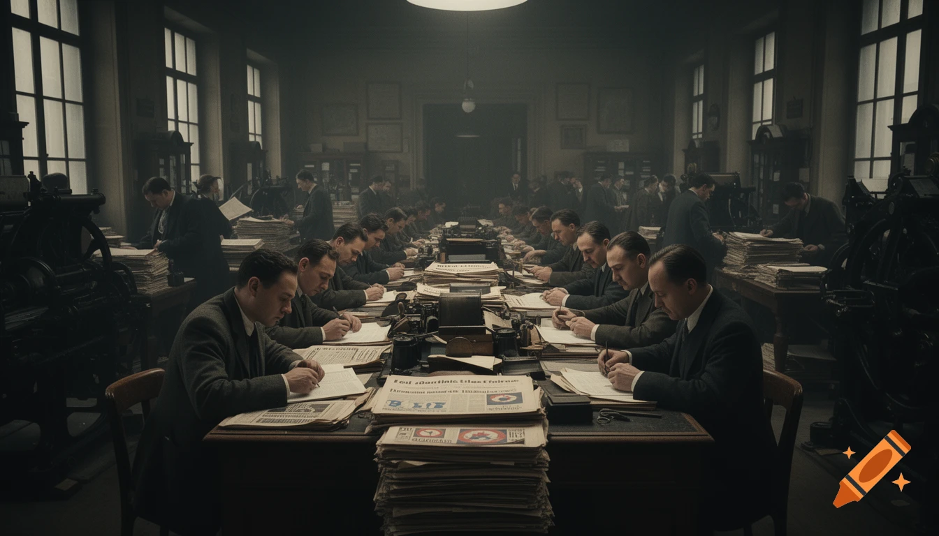 Vintage 1930s newsroom with men in suits working at crowded desks, writing on papers amidst stacks of newspapers under dim lighting.
