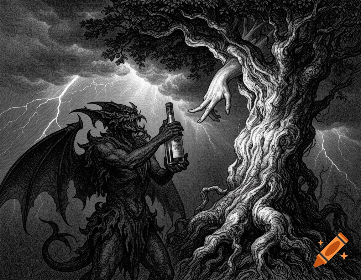 Engraving of a winged demon holding a bottle towards a gnarled tree with a hand reaching out, under a stormy sky with lightning.