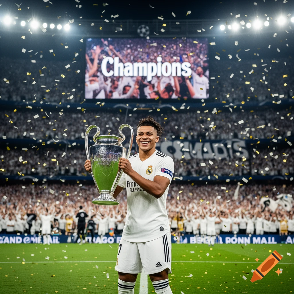 A smiling soccer player in a white uniform holds a large silver trophy in a confetti-filled stadium with a "Champions" screen.
