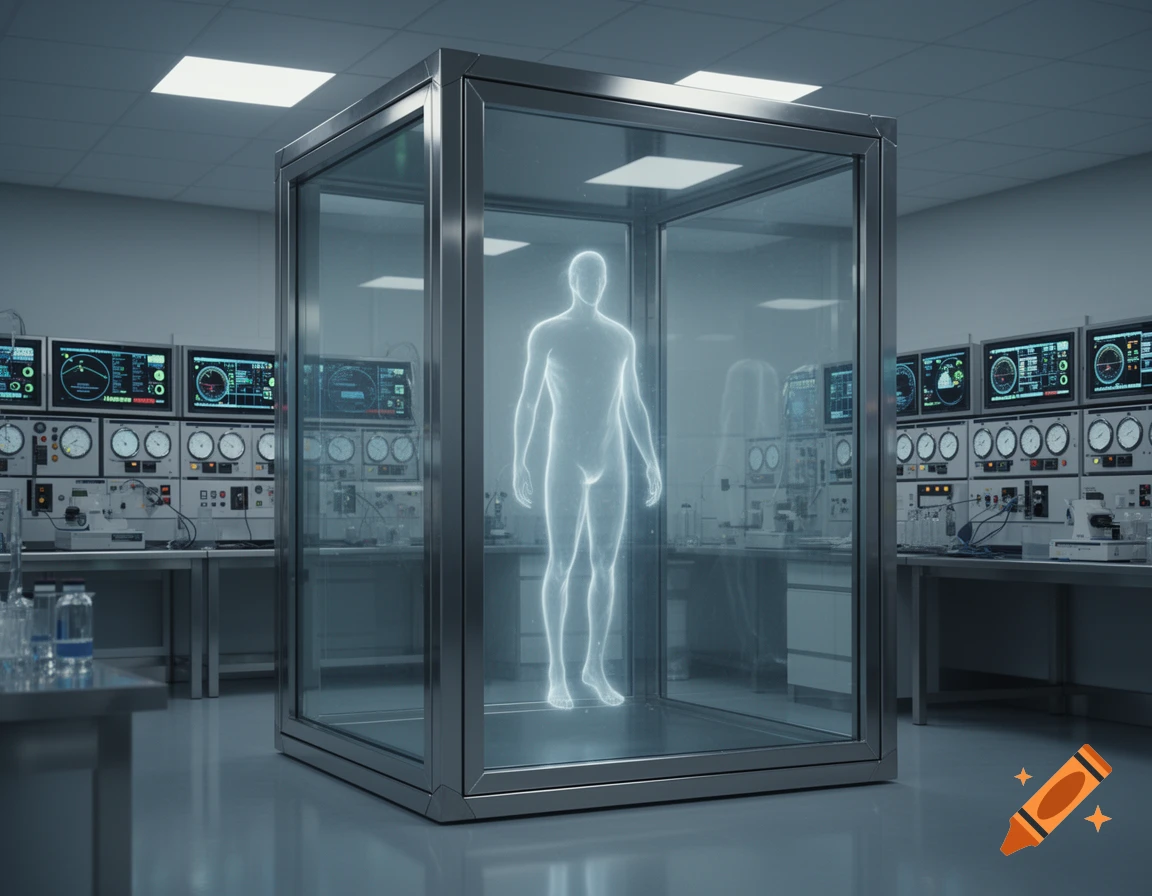 A glowing, translucent human-like figure stands inside a glass containment cube within a futuristic laboratory.