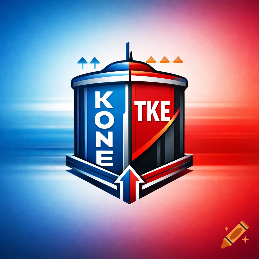 A modern logo featuring a blue and red split cylindrical structure with KONE and TKE text, against a motion-blurred gradient background.