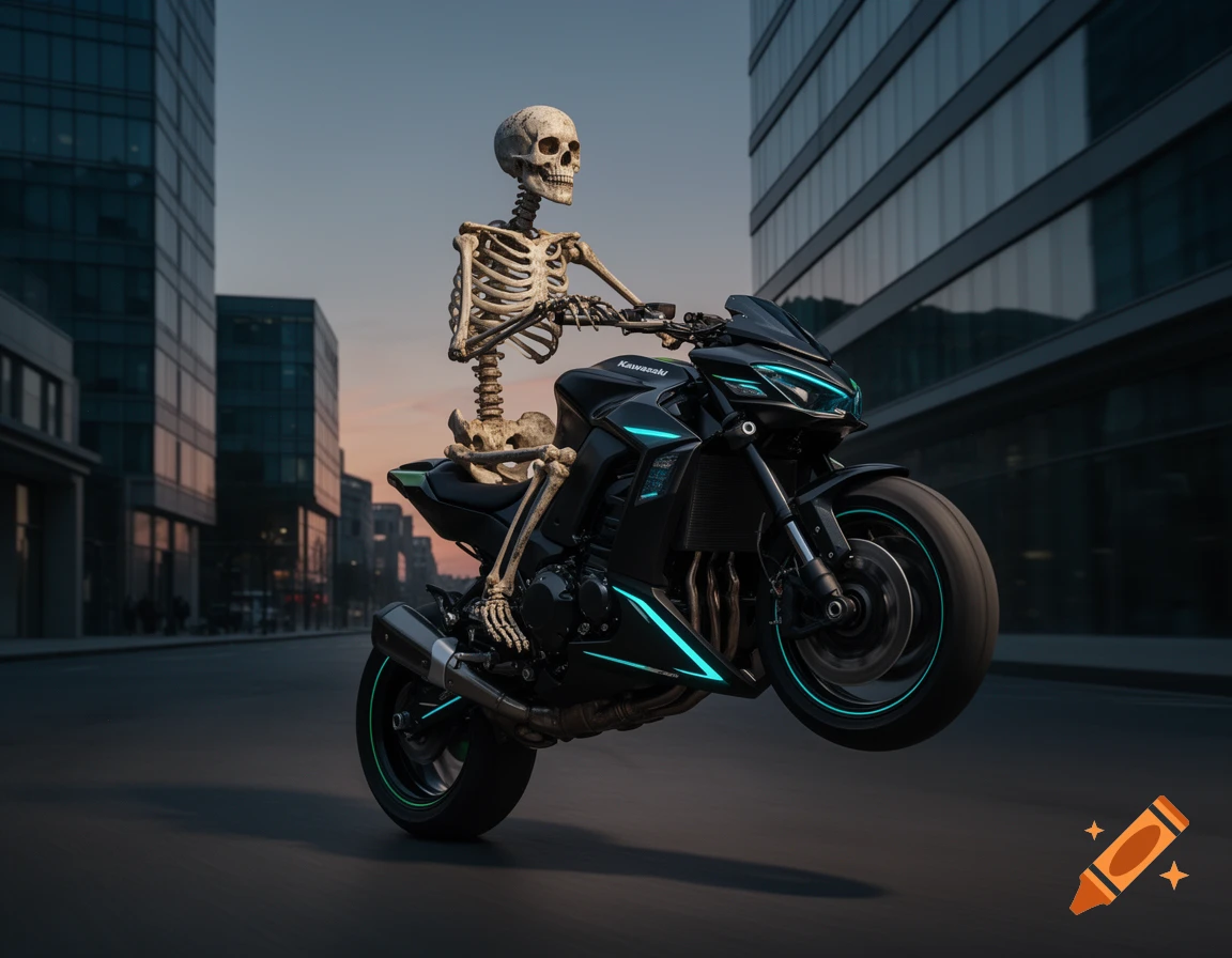 A photorealistic skeleton rides a black Kawasaki motorcycle with neon blue accents, performing a wheelie on an urban street.