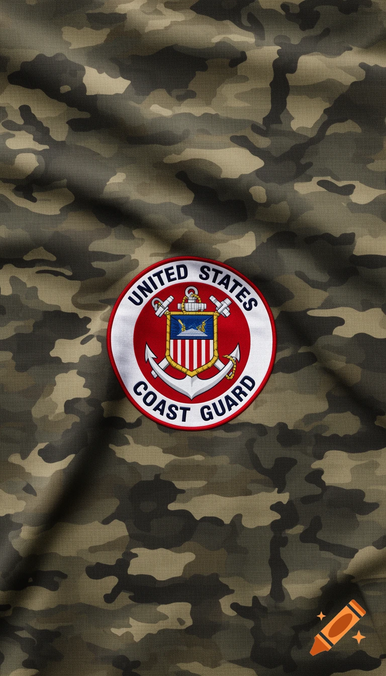 United States Coast Guard emblem on a camouflage fabric background.