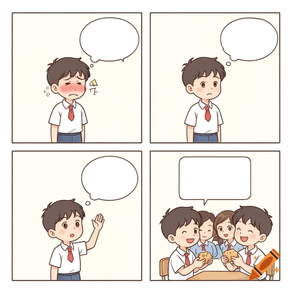A four-panel cartoon of a boy in school. He appears upset, then pensive, raises his hand, and finally shares snacks with friends.