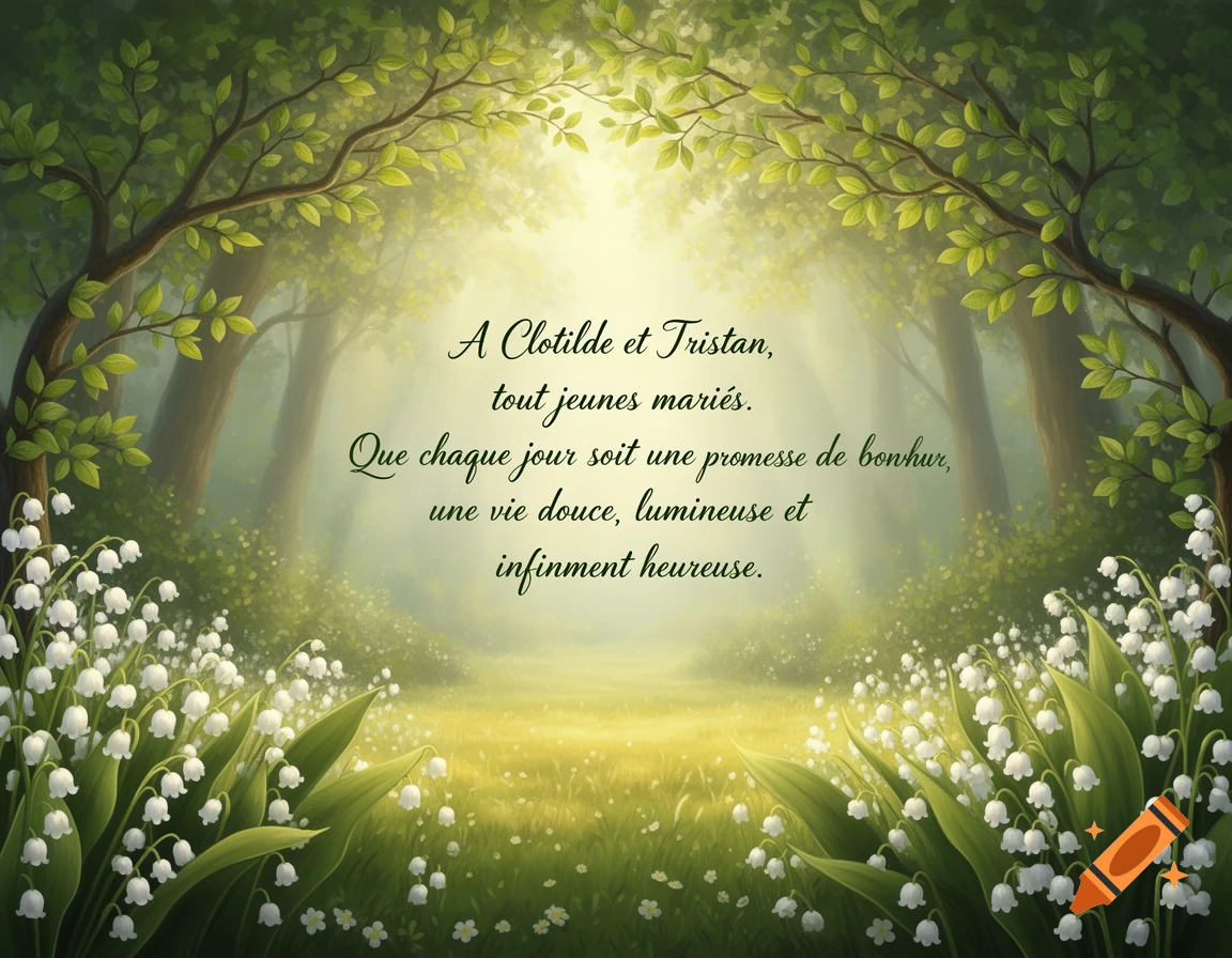 A romantic, dreamlike forest scene with a path of light and abundant white lily of the valley flowers, with French wedding wishes in the center.