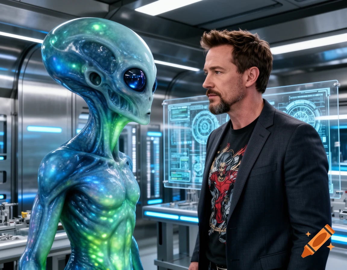 A blue-green alien with large dark eyes faces a man with a beard and a blazer in a futuristic lab.