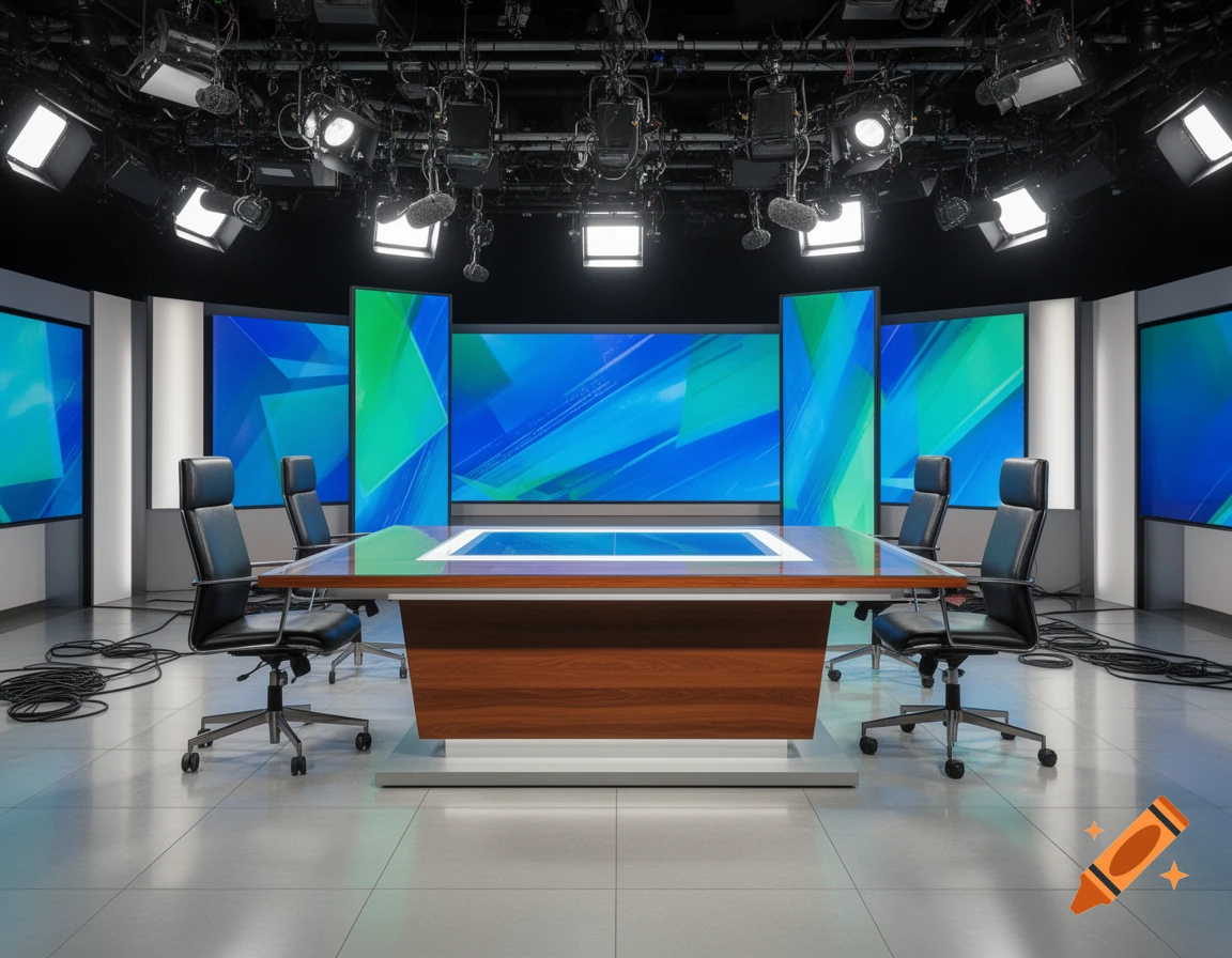 Modern television studio with a central wooden desk, black chairs, large screens showing abstract blue and green graphics, and overhead lights.