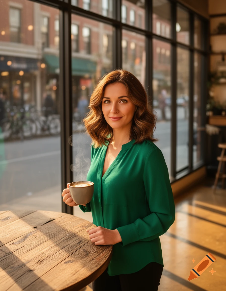 A photorealistic portrait of a smiling woman in a green shirt holding a steaming coffee cup at a wooden table in a sunlit cafe.