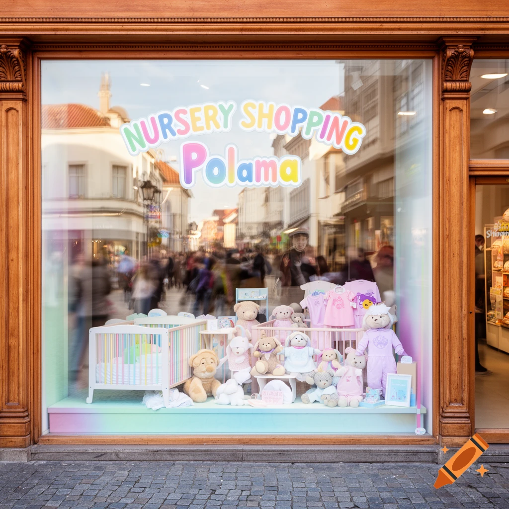 A shop window display featuring baby cribs, various stuffed animals, and pink baby clothes, with 'NURSERY SHOPPING Polama' text on the glass.